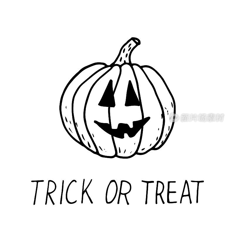 pumpkin jack lantern and lettering trick or treat hand drawn in doodle style. vector, scandinavian, monochrome. template for design sticker, card, poster, decor, halloween
